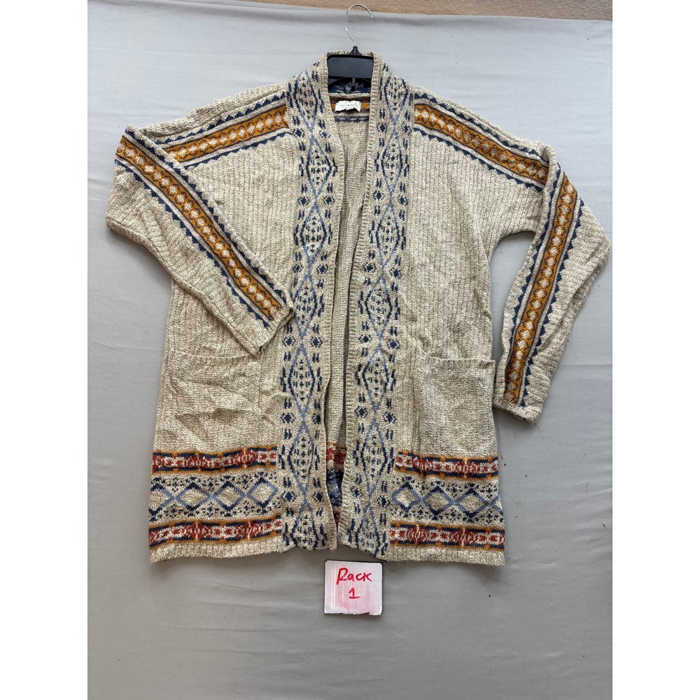 Lucky Brand Womens Large Open Front Cardigan Sweater Fair Isle Geometric Beige